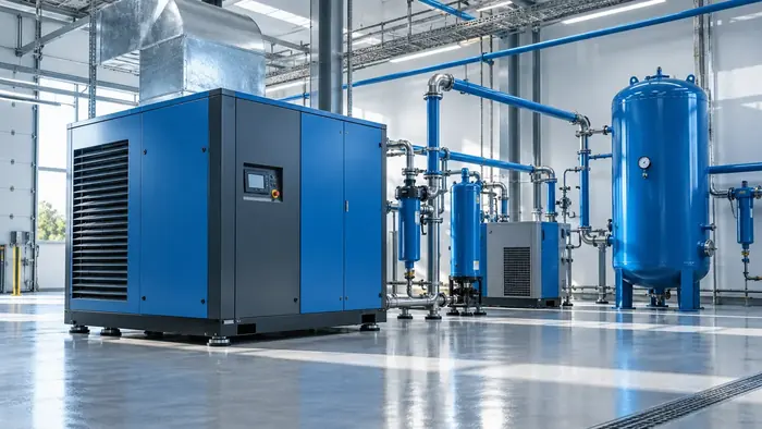 Sala de compressores com reservatório e tubagem de ar comprimido